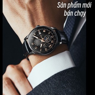 Đồng Hồ Nam Dây Da Cao Cấp,Mặt Đen Viền Rose Gold, Lịch Ngày Đêm, Phong Cách Doanh Nhân Sang Trọng