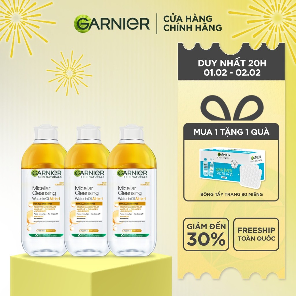 Bộ 3 nước làm sạch và tẩy trang cho da khô & trang điểm lâu trôi Garnier Micellar Water Oil-Infused 