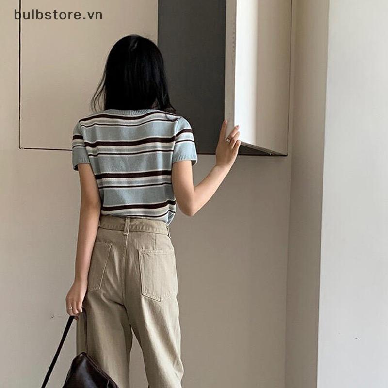COD Áo Thun Nữ Style Retro Sọc Tròn, Mới