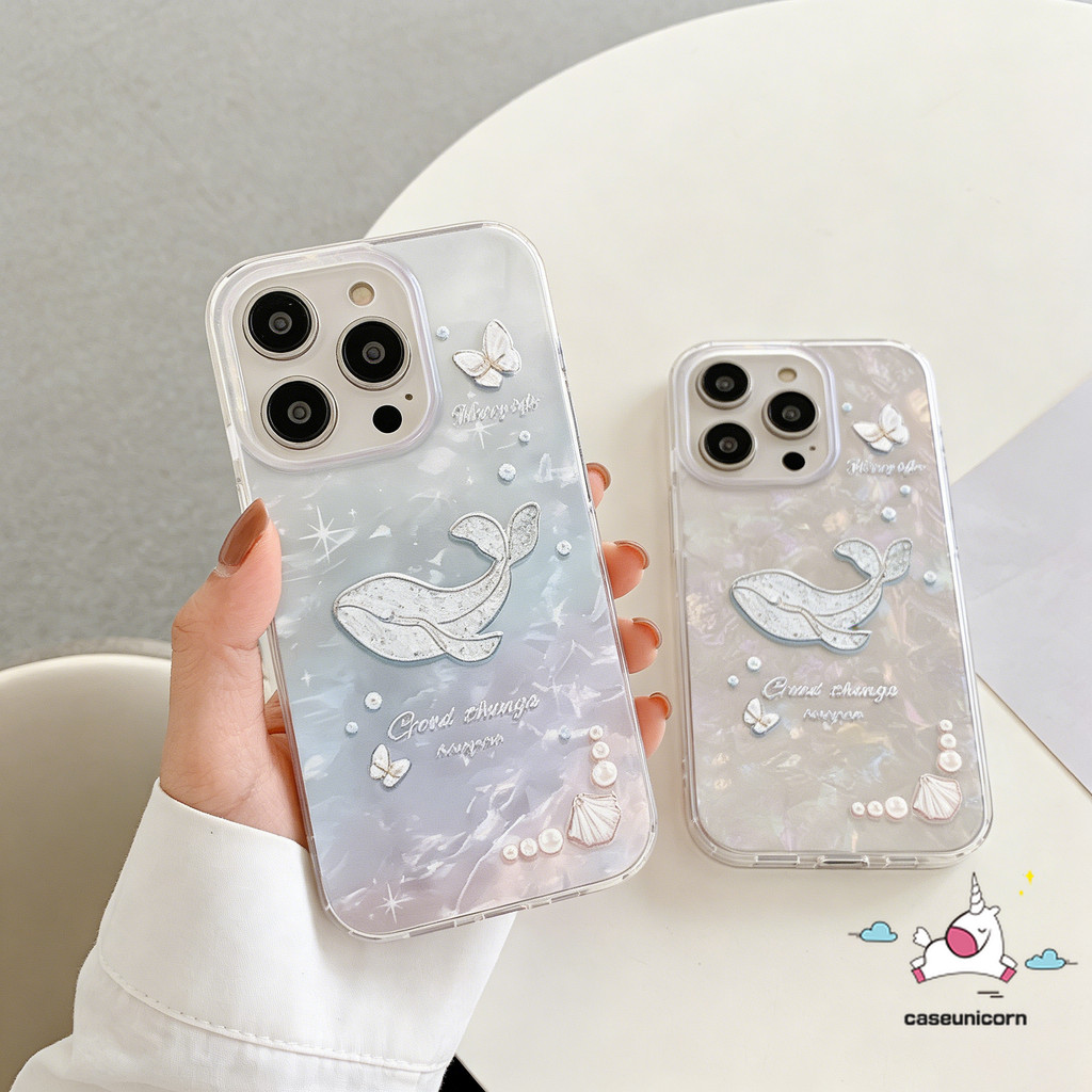 Ốp Lưng Ngọc Trai Bướm Cá Voi Bạc Tương Thích Cho IPhone 14 11 16 17 12 13 15 Pro Max 8 Plus 7 Plus 