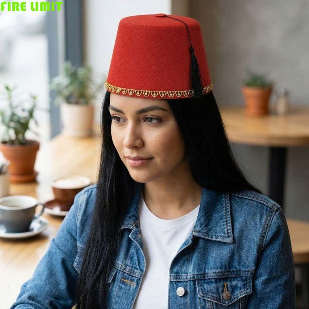 FIRE LIMIT Fez Cap Nỉ Ma-rốc, Thiết Kế Ottomans Thổ Nhĩ Kỳ, Màu Đỏ Thoáng Khí với Tua Rua