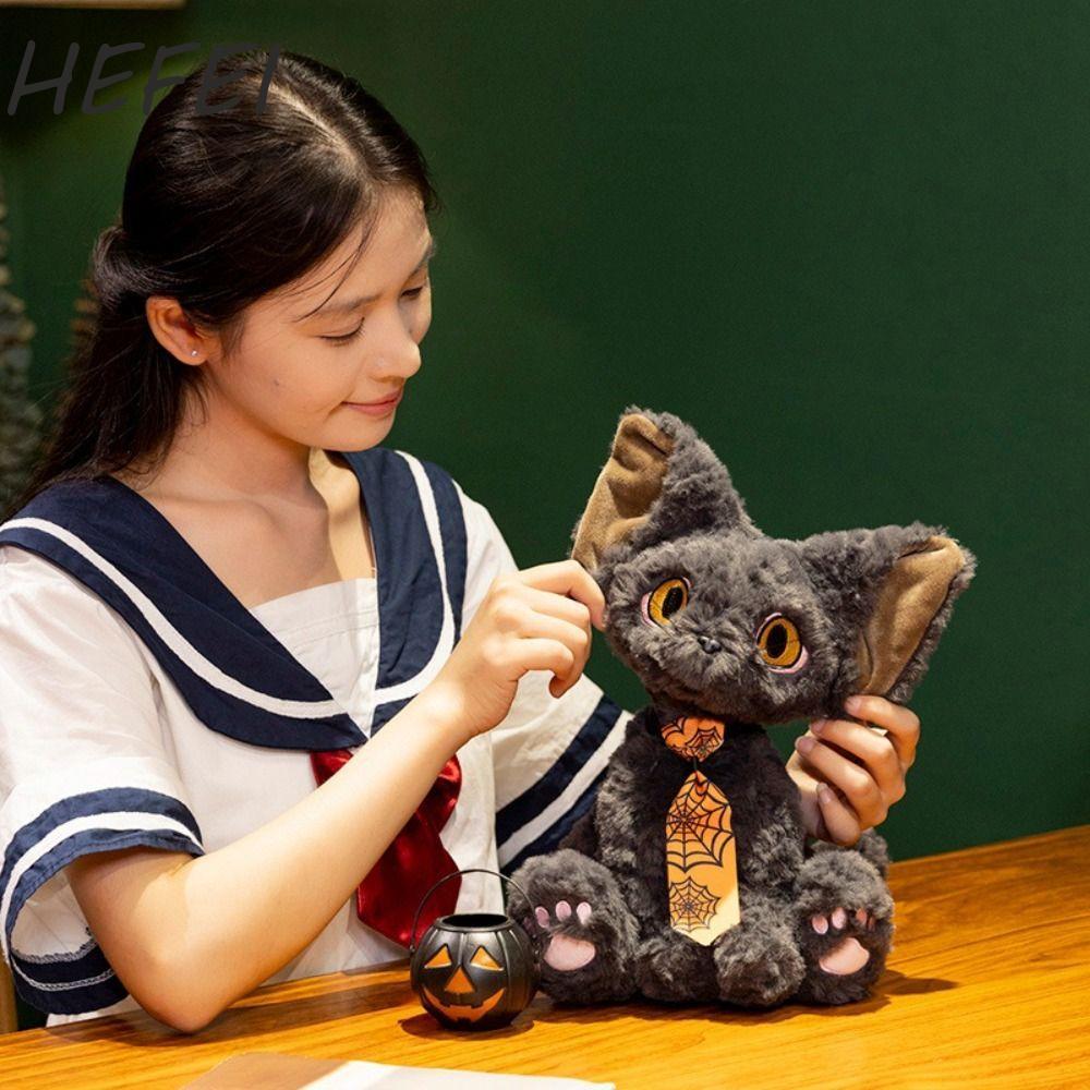 HEFEI Devon Rex Cat Đồ chơi sang trọng, Giỏ bí ngô phong cách Halloween Búp bê sang trọng mèo đen, L