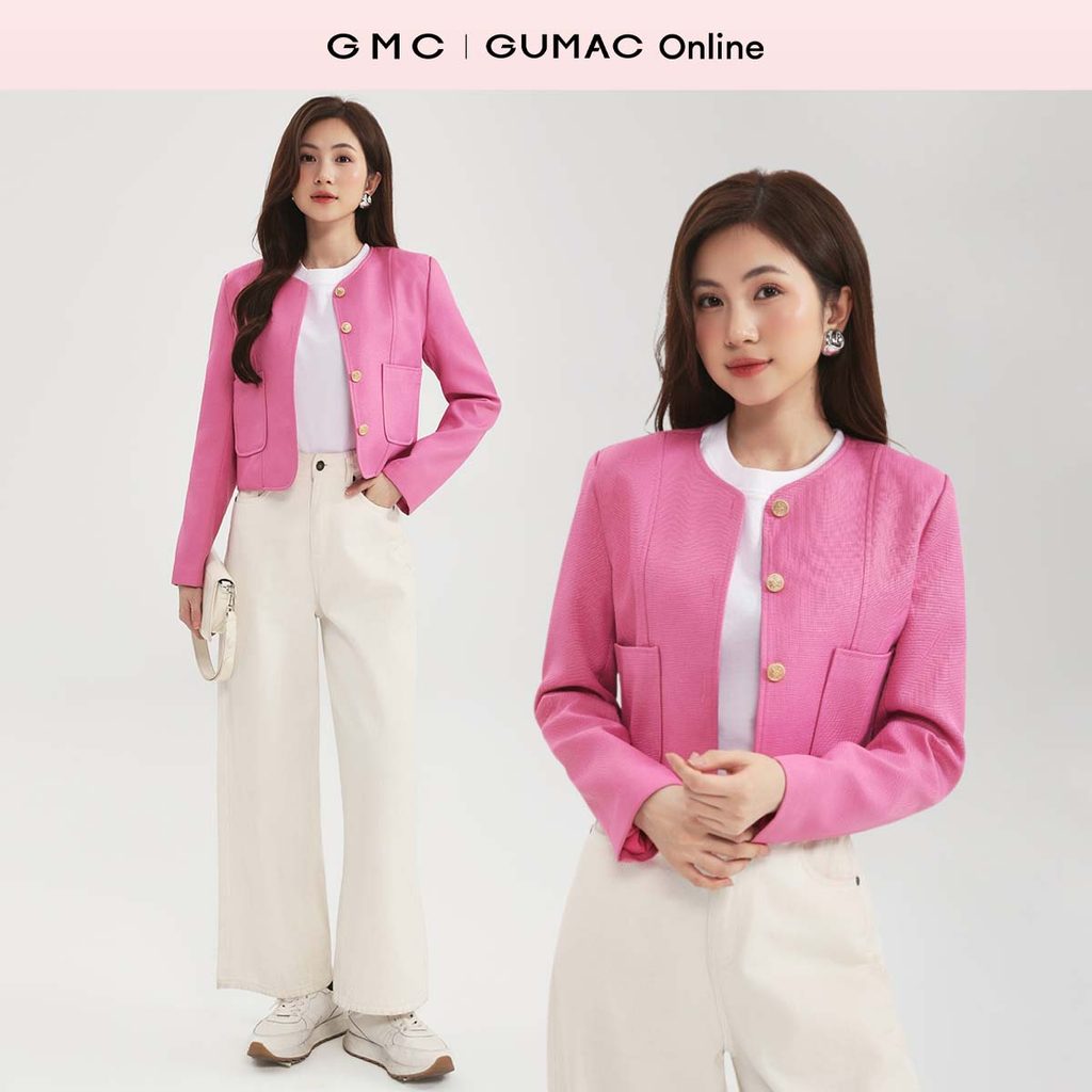 Áo khoác dạ nữ GUMAC dáng lửng cổ tròn tay dài có đệm vai chất bố đứng form LOWF1110