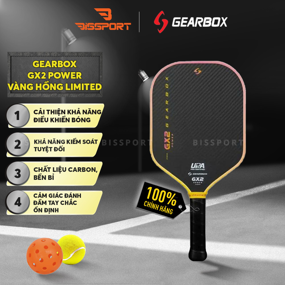 Vợt Pickleball Gearbox GX2 Hybrid Chính Hãng - Vàng Hồng Limited - Mặt Nhám Trợ Lực - Toàn Diện - Ki