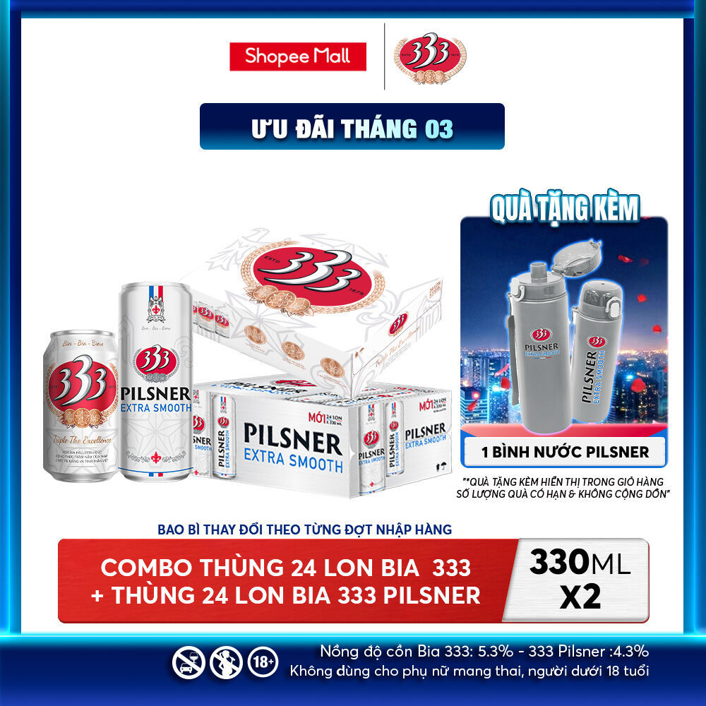 Nồng độ cồn 5.3% - Combo 1 Bia 333 24 Lon 330ml + Nồng Độ Cồn 4.3% - 1 Bia 333 Pilsner 24 Lon 330ml