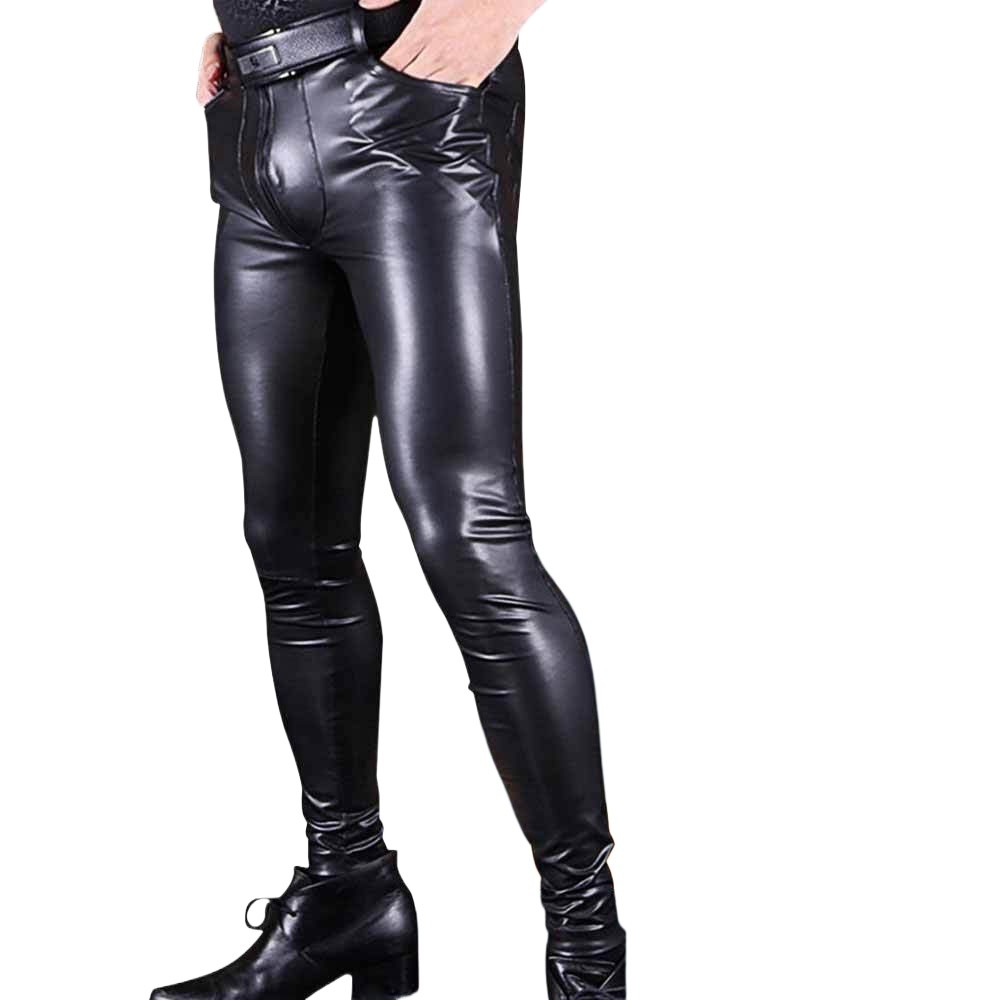 Nam Co Giãn Quần Da PU Slim Fit Biker Boot Quần Co Giãn Cao Thời Trang Quần