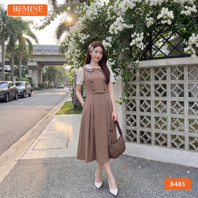 Đầm thiết kế BEMINE cổ sen tay ngắn phối ren hoa dáng chữ A phù hợp đi làm-B485