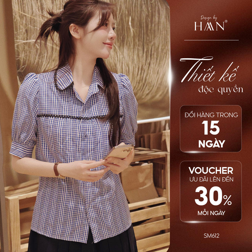 Áo Sơ Mi Kiểu Nữ Kẻ Xanh Tay Phồng Nhẹ, Thiết Kế Viền Ren Style Hàn Quốc HAAN Design SM612