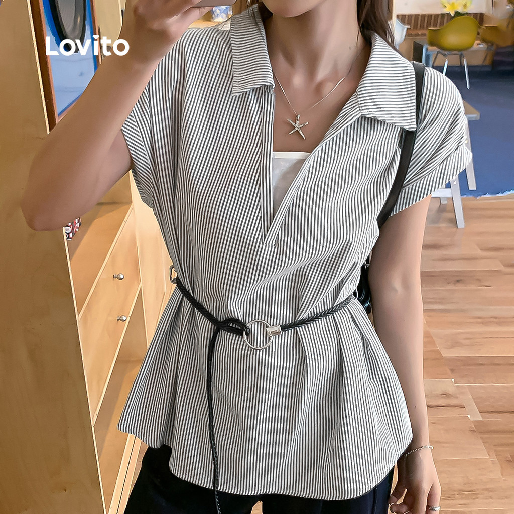 Lovito Áo sơ mi nữ mùa xuân/hè xanh trắng, áo kiểu đơn giản L176LD095