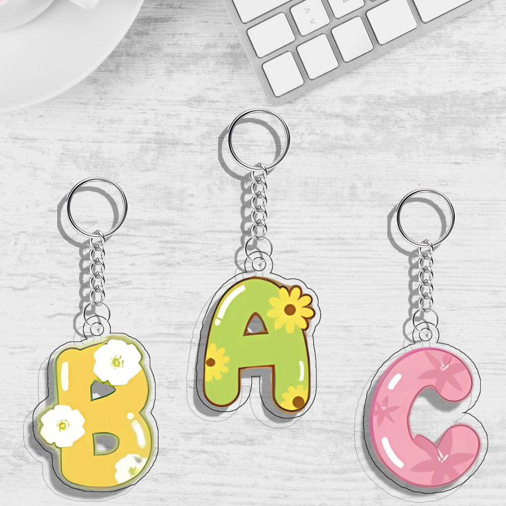 GANTUNGAN Initial Letter Flower Keychain | UV Printed 2 Sides on 3 mm Acrylic Frame