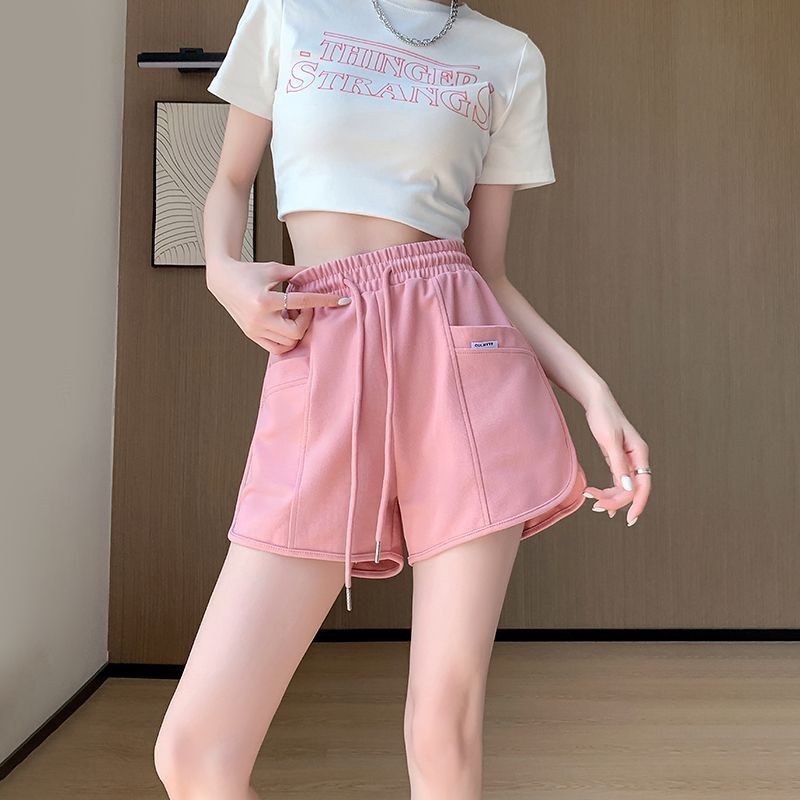 Quần short thể thao màu hồng mùa hè 2024 Quần nữ Quần short lưng co giãn Chạy bộ nhỏ Quần ống rộng t