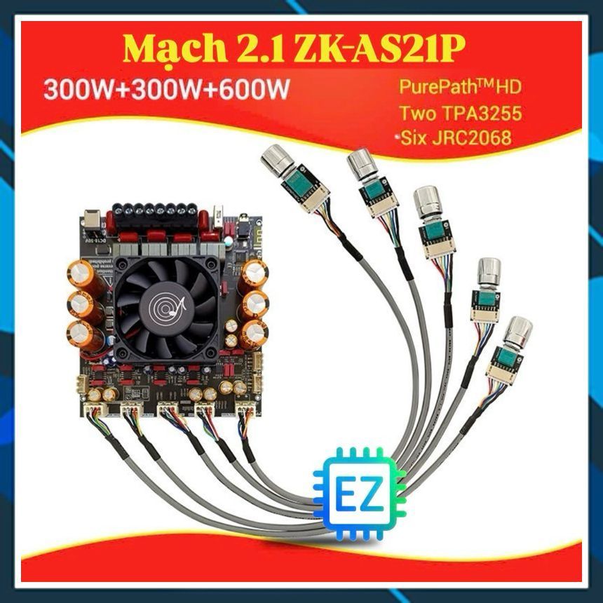 ZK-AS21P Mạch khuyếch đại âm thanh 2.1 TPA3255 600W+300W*2, có Bluetooth bản chiết áp rời, 18-50V