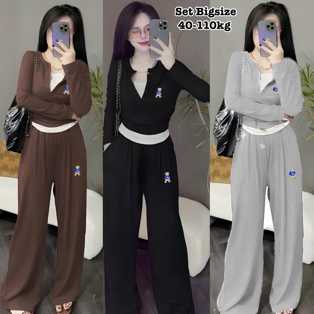 Set Bộ Tay Dài Thun Tăm Bigsize Cài Nút Form Rộng Thêu Gấu Phối Quần Ống Suông Che Giấu Bụng Hot Tre