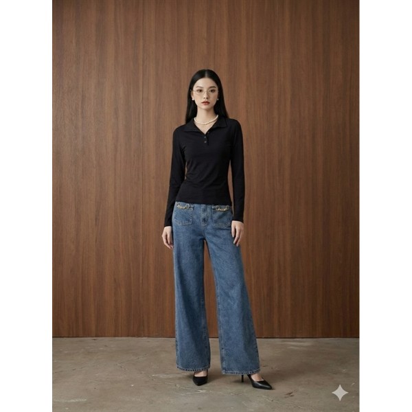 [CEXYVN] Cara Top | Áo thun basic cổ bẻ dài tay phối nút