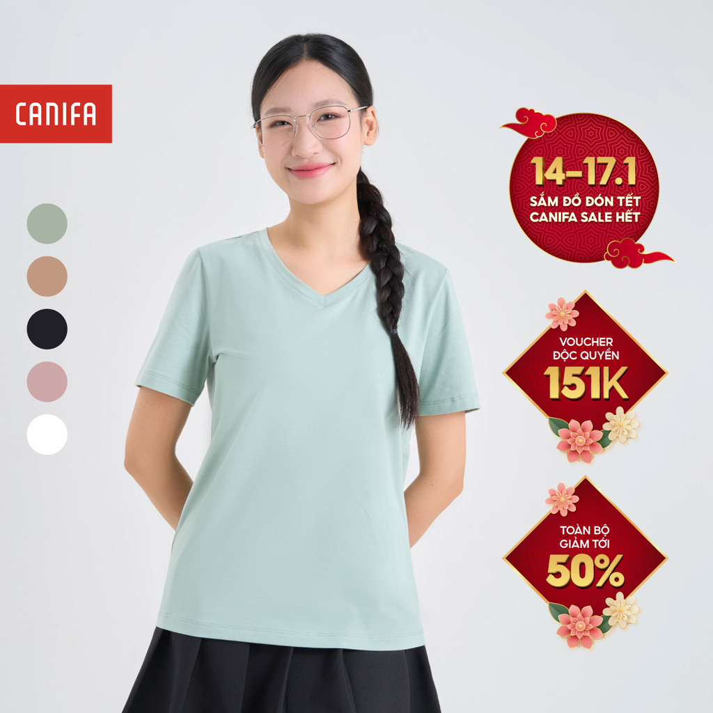 Áo phông nữ CANIFA cộc tay cổ tim dáng basic 6TS25A002