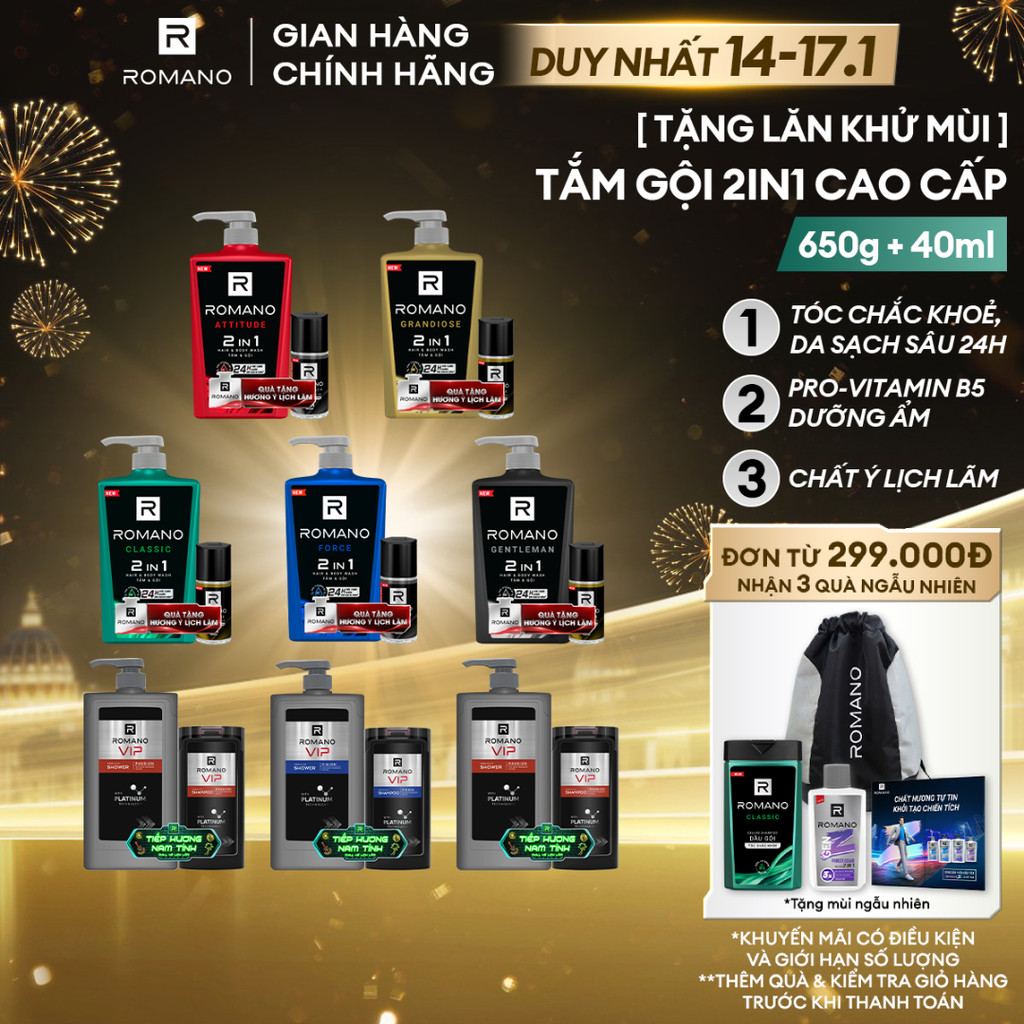 [TẶNG lăn 40ML] Tắm gội cho nam 2in1 cao cấp Romano 650g (Tặng mùi ngẫu nhiên)