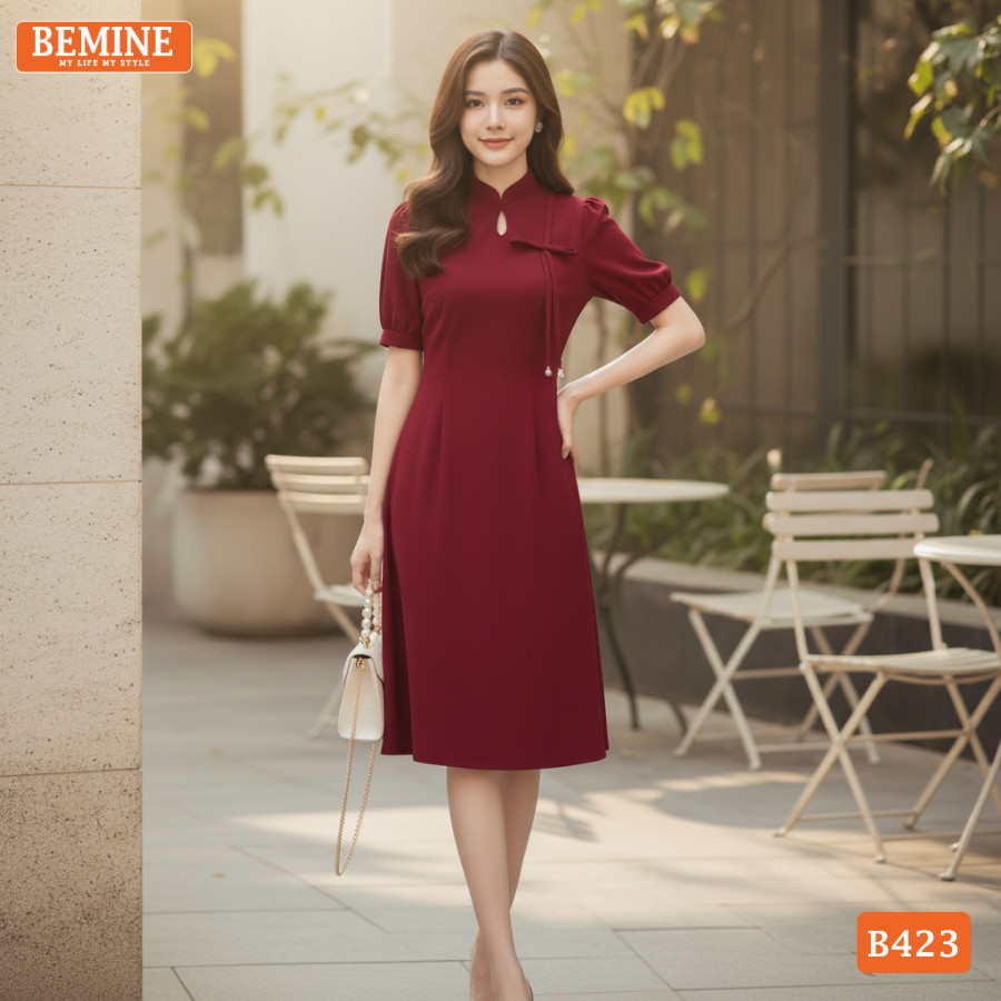 Đầm thiết kế BEMINE cổ tàu khoét giọt nước dáng chữ A phù hợp đi chơi-B423