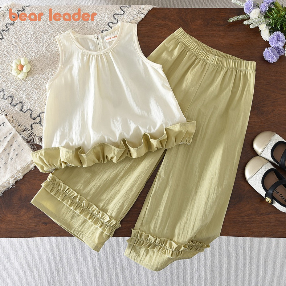 BEAR LEADER Gấu Leader Phiên Bản Hàn Quốc Ren Chắp Vá Áo Thun Không Tay Áo + Quần Bộ Hai Mảnh Mùa Hè Thường Ngày Màu Trơn Quần Áo Bé Gái 3-7 Tuổi Hồi Giáo Raya Trẻ Em Mặc