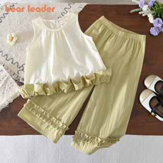 BEAR LEADER Gấu Leader Phiên Bản Hàn Quốc Ren Chắp Vá Áo Thun Không Tay Áo + Quần Bộ Hai Mảnh Mùa Hè Thường Ngày Màu Trơn Quần Áo Bé Gái 3-7 Tuổi Hồi Giáo Raya Trẻ Em Mặc