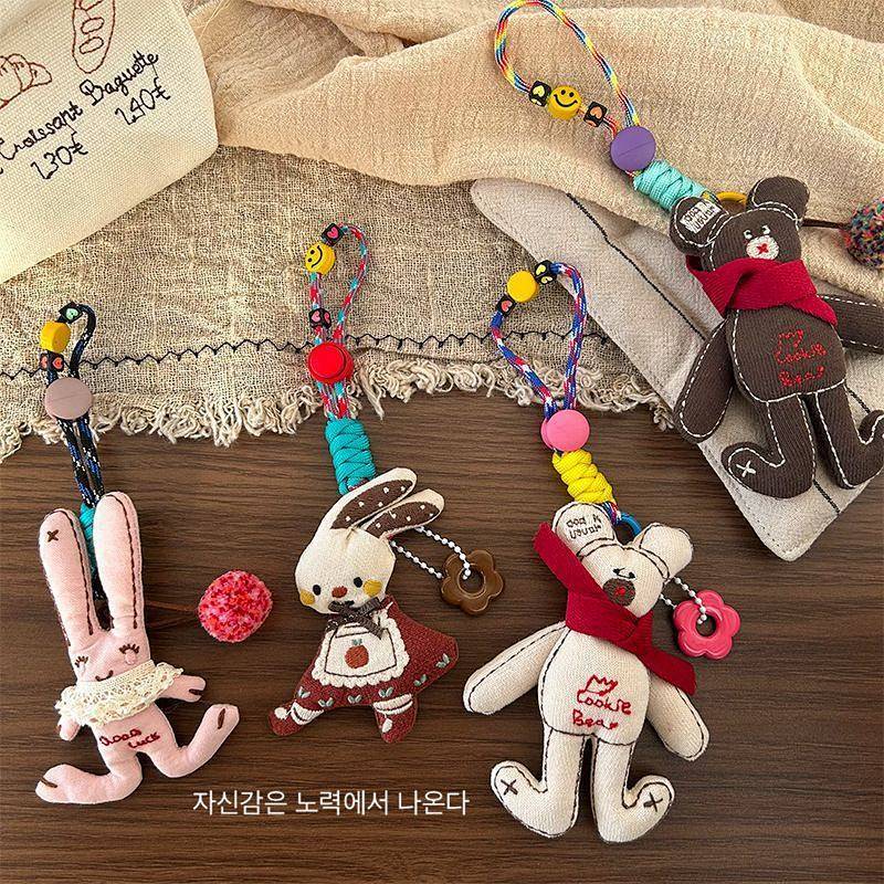 Fabric Cotton Filled Cartoon Bear Rabbit Keychain Trendy Apron Rabbit Brooch Pendant All-Match Bag P