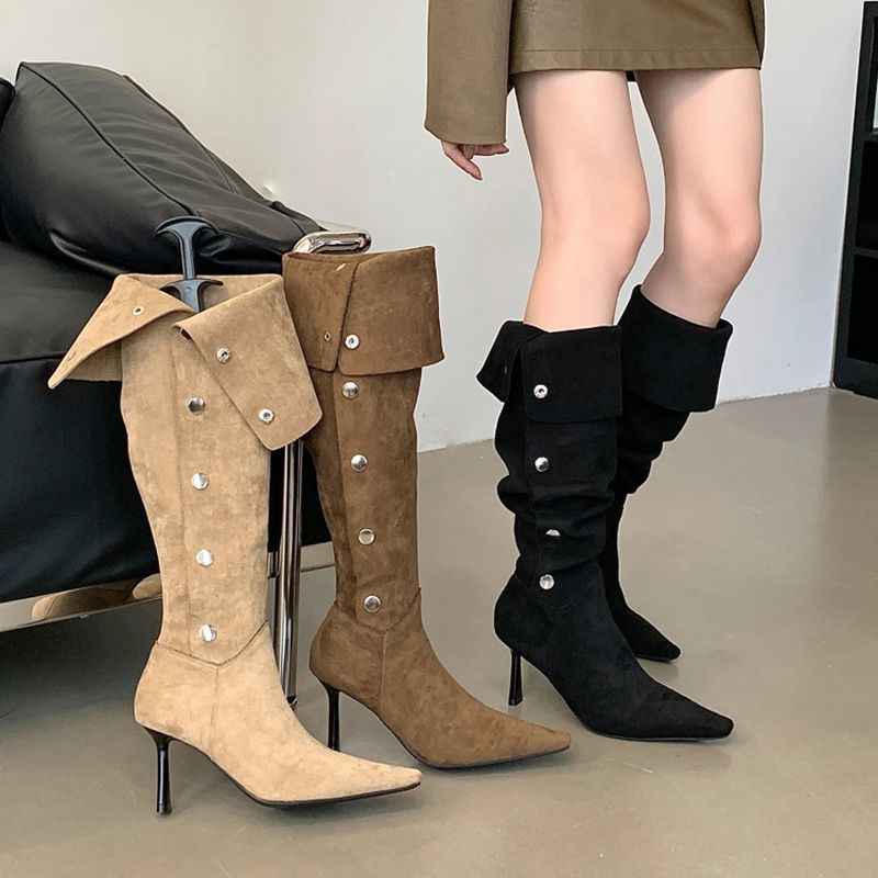 Da Lộn Cọc Boots Kaki Over-the-Knee Boots Nữ Mũi Nhọn Mùa Thu Hot Girl