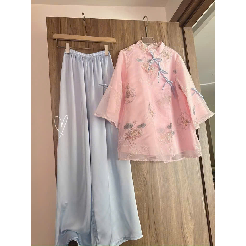 (HÀNG BIGSIZE NỮ 50KG ĐẾN 90KG) NT2234 Set Lam Áo Tơ Thêu Hoa Nổi – Quần Lụa Satin Cao Cấp NT2234