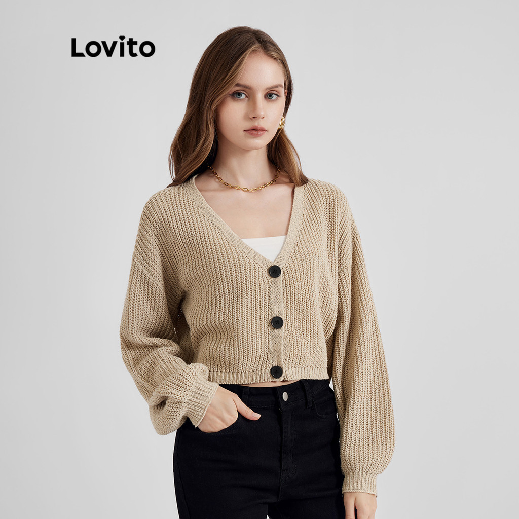 Lovito Áo len Cardigan thông thường Áo len dài tay màu trơn Áo len dệt kim cho nữ L21LT091 (Kaki / T