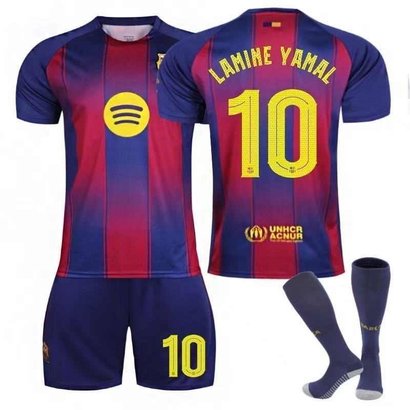 Bộ áo đấu sân nhà Lamine Yamal 10, Áo sơ mi bóng đá trẻ em có quần short & tất, trang phục tập luyện