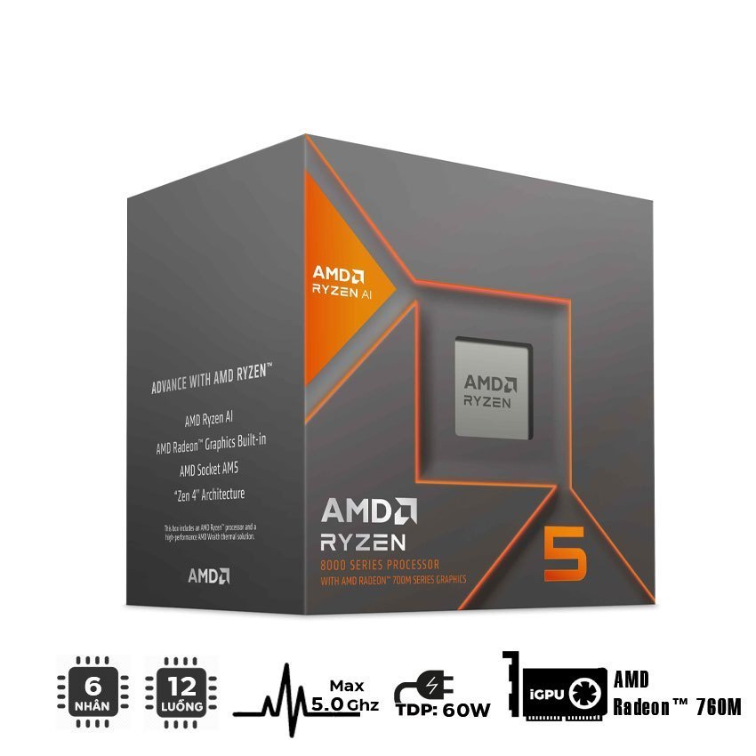 CPU AMD Ryzen 5 8600G (4.3GHz boost 5.0GHz, 6 nhân 12 luồng, 22MB Cache, 65W, Socket AM5) – Chính Hã
