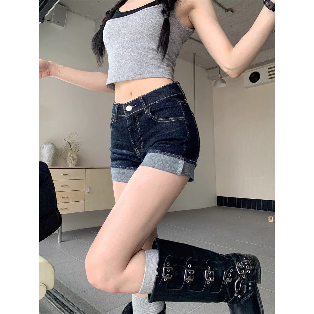 quần short jean nữ quần đùi jean nữ Quần đùi bò gấu bèo phong cách tomboy Mỹ cho nữ, cỡ lớn mùa hè, 