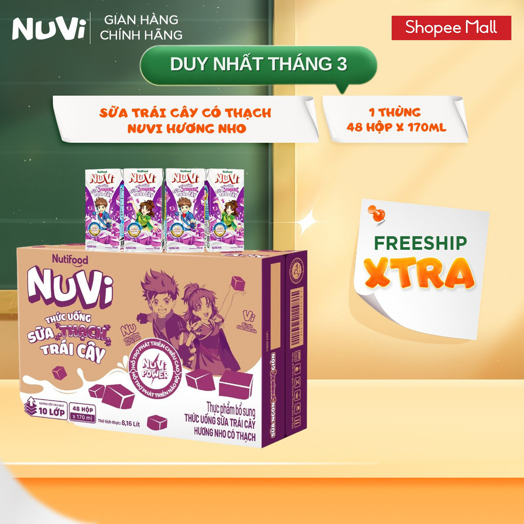 Thùng 48 Hộp Thức Uống Sữa Trái Cây Có Thạch NuVi Hương Nho 170ml