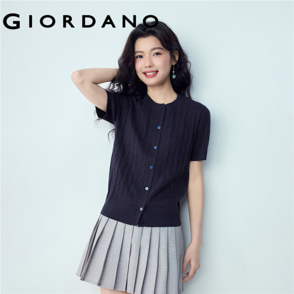 GIORDANO WOMEN Cable knit jacquard short sleeve cardigan 13356261