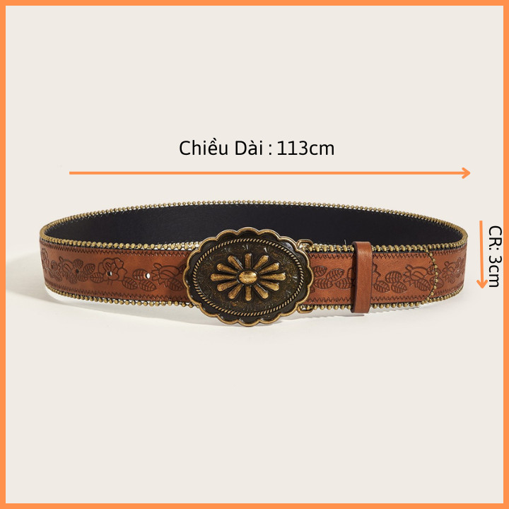 Dây thắt lưng nam nữ khóa tròn dập nổi màu nâu họa tiết, dây nịt  Y2K phong cách châu âu OLL372