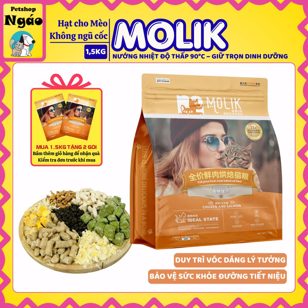Hạt Cho Mèo MOLIK 1.5kg Mix 8 Loại Topping Sữa Dê Hỗ Trợ Tiêu Hóa Hạn Chế Búi Lông Mượt Lông