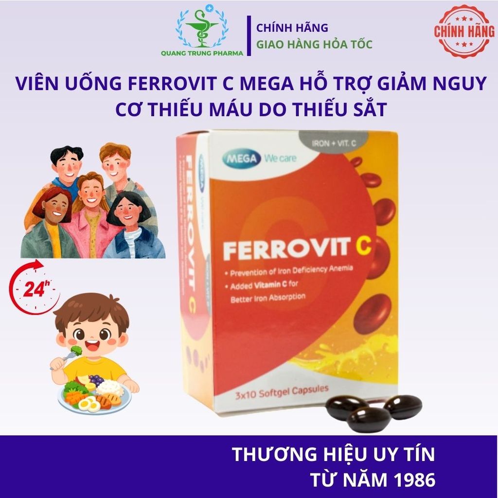 Ferrovit C giúp hỗ trợ giảm nguy cơ & các triệu chứng thiếu máu do thiếu sắt(sắt, acid folic, vitami