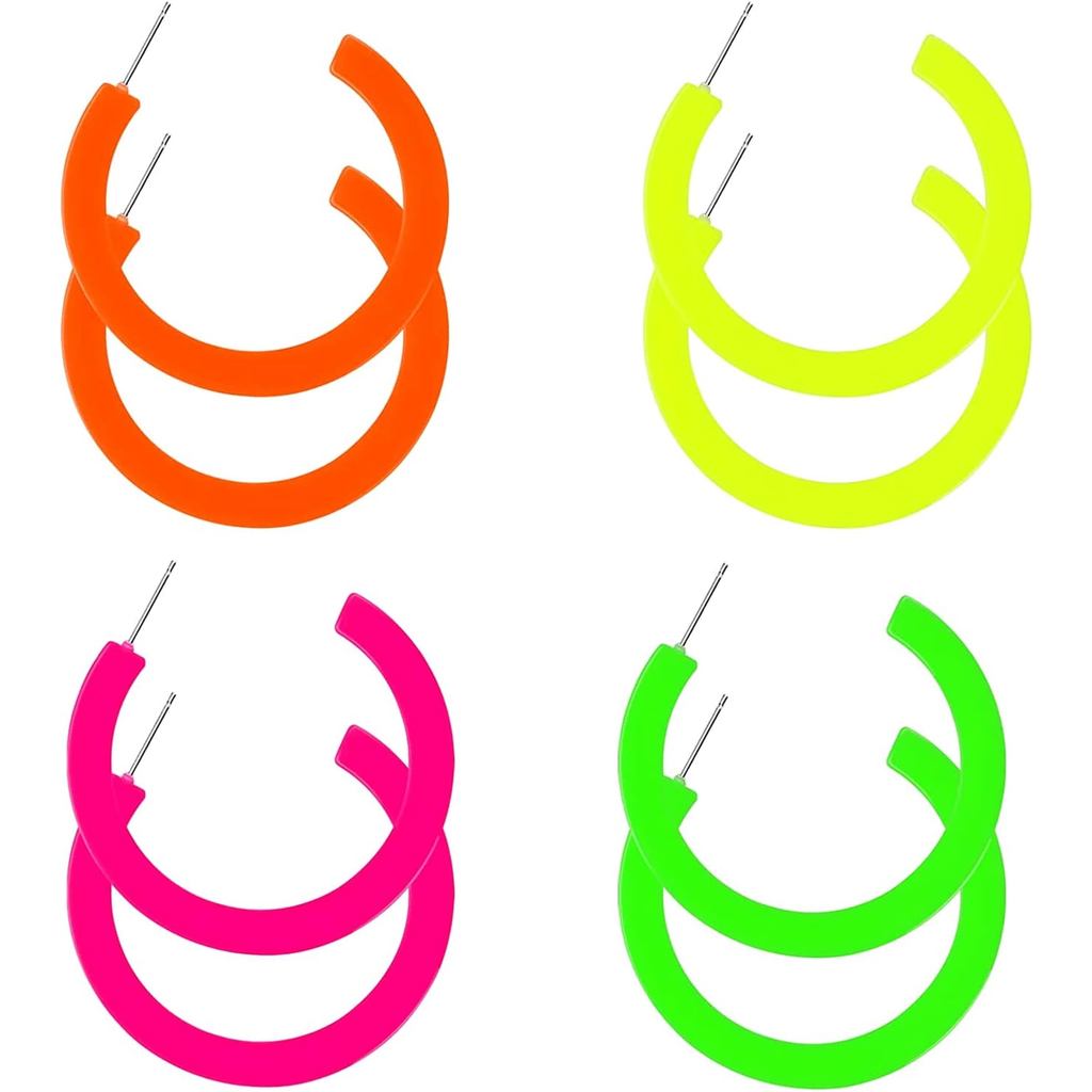 4 Đôi 80S Màu Kẹo Acrylic Neon Bông Tai Tròn Cho Nữ Retro Nhiều Màu Sắc Vòng Bông Tai Mặt Dây Chuyền