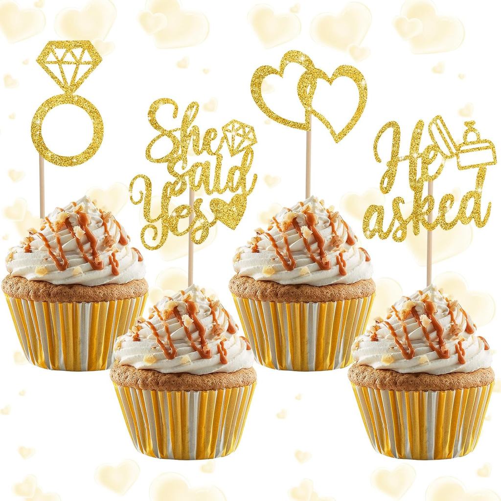 BEISHIDA He Asked She Said Yes Cupcake Toppers, 24 Chiếc Đính Hôn Cupcake Toppers Long Lanh Nhẫn Kim