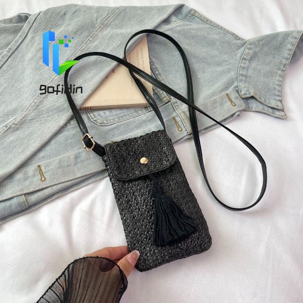 Túi xách dệt rơm GOFIDIN, Túi đựng điện thoại nữ tua dài dệt, Túi đựng điện thoại di động phong cách