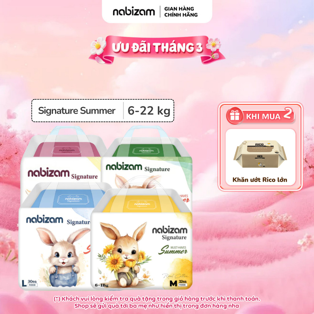 Tã/Bỉm Đêm NABIZAM Signature Summer Đai Chun Cao Cấp, Mỏng Mềm, Siêu Thấm Hút Size Cho Bé 8-22kg