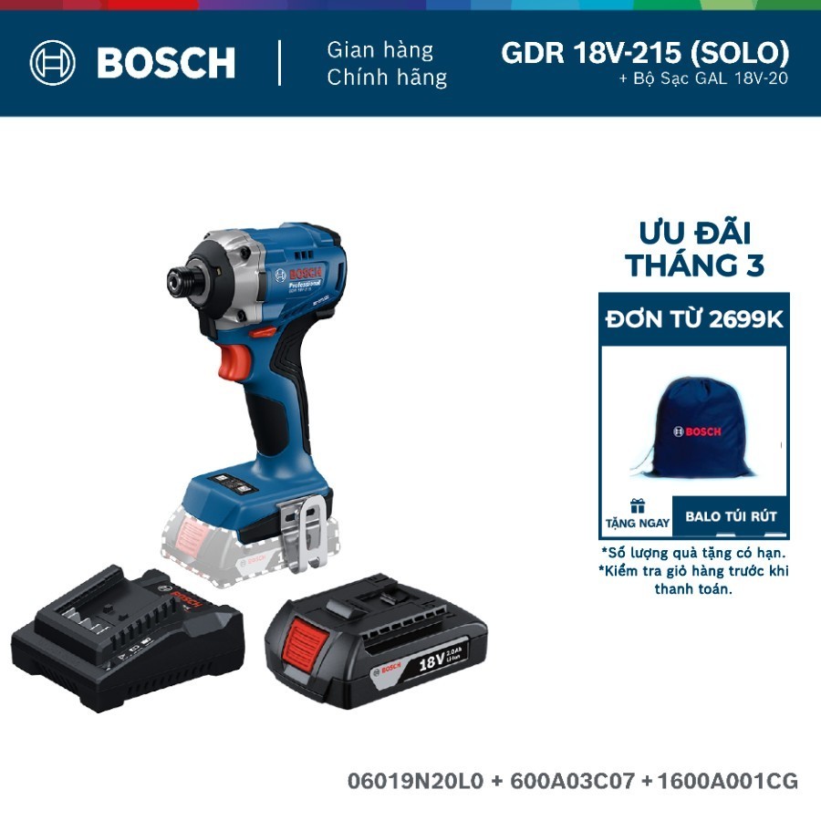Máy vặn vít dùng pin Bosch GDR 18V-215 (SOLO) +  Pin GBA 2.0Ah / Bộ Sạc GAL 18V-20 (MỚI)
