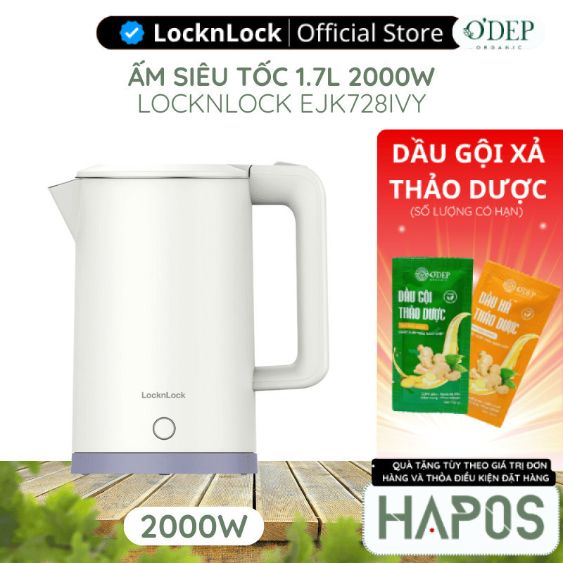 Ấm đun siêu tốc LocknLock EJK728IVY 1.7L 1850-2200W, Hàng chính hãng, Nút kéo mở nắp - HAPOS LBE