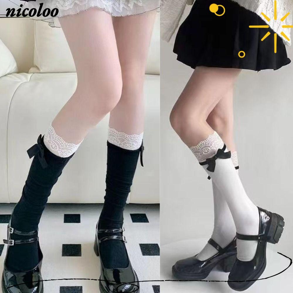 Tất ren NICOLOO JK, Tất nơ sợi chấm trắng nơ bắp chân, Tất dài lolita lolita mùa thu