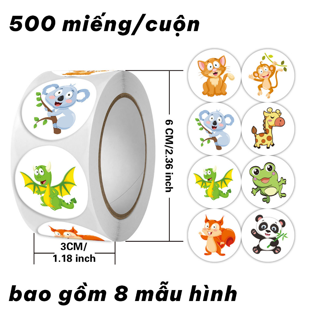 Roll of 500 Cute Animal Decorative Stickers - Cartoon Stickers for Children, Student Rewards, Gift S