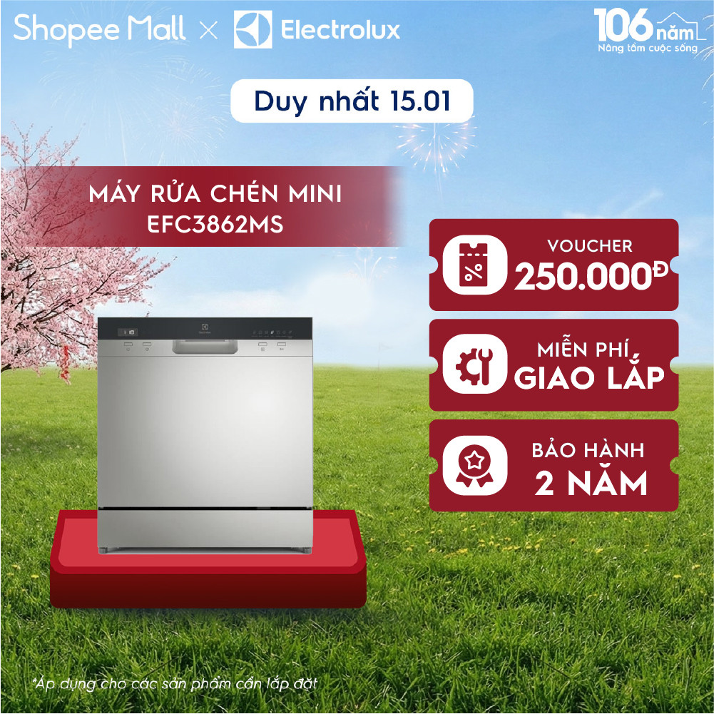 Chỉ giao miền Bắc - Máy rửa bát Mini 8 bộ Electrolux EFC3862MS - tự động mở cửa, sấy khô diệt khuẩn,
