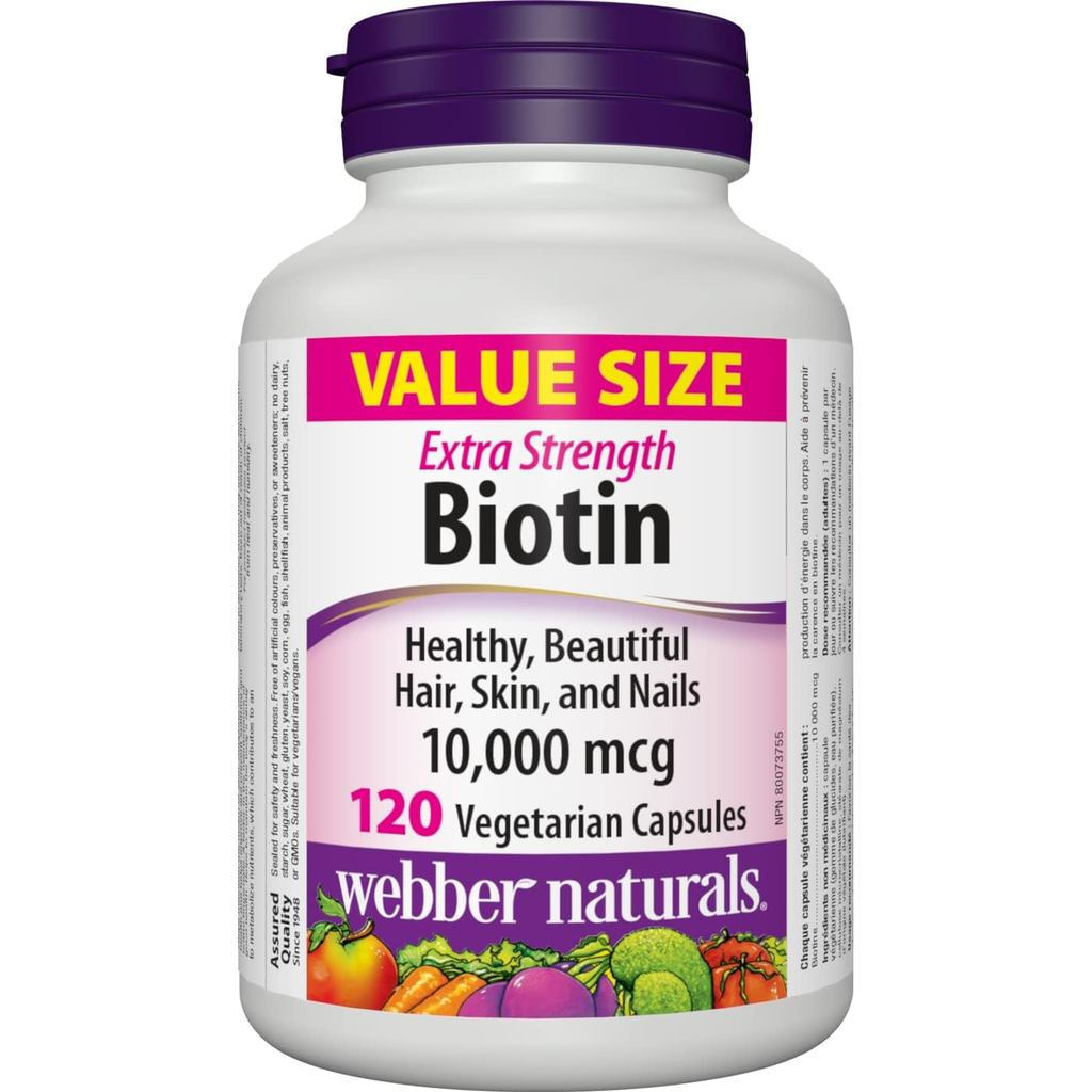 Webber Naturals Biotin 10.000 mcg Extra Strength, 120 Viên, Hỗ trợ tóc khỏe mạnh, da & móng tay, Tra