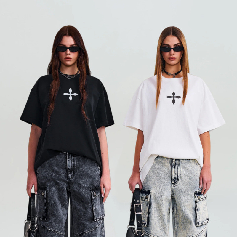 SMFK Cross Statue Giant Tee Black and White Loose Fit Large Cross Flower Short Sleeve T Shirt