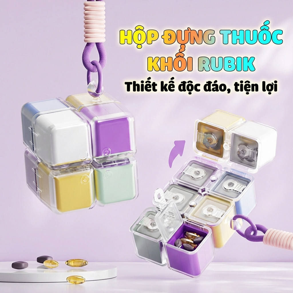Hộp Đựng Thuốc Hình Rubik Mini, Hộp Nhỏ Đa Năng, Có Thể Làm Charm Treo Túi Cá Tính