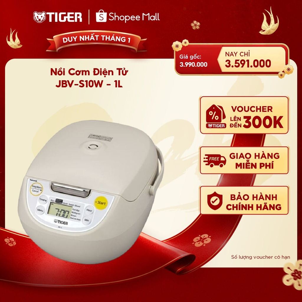 Nồi Cơm Điện Tử Tiger JBV-S10W - 1L - Hàng Chính Hãng