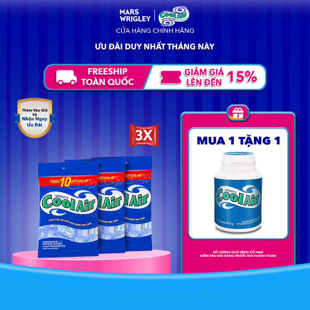 [Tặng 1 Hũ Singum Cool Air 38 viên] Combo 3 túi Cool Air Bạc Hà Khuynh Diệp 100 gói 2 viên tặng 10 g
