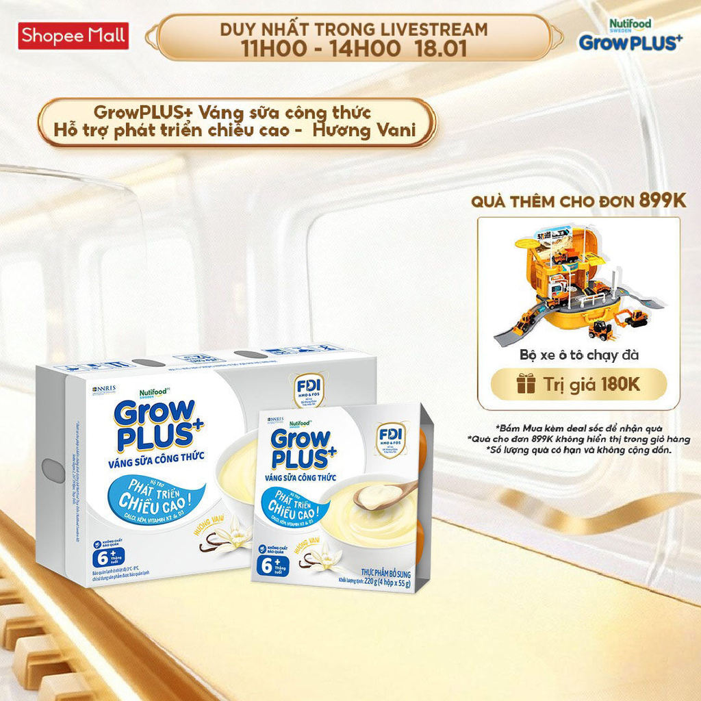 Thùng 12 lốc GrowPLUS+ Váng sữa công thức Cao lớn vượt trội Vani & Socola (55g x 48 hộp)